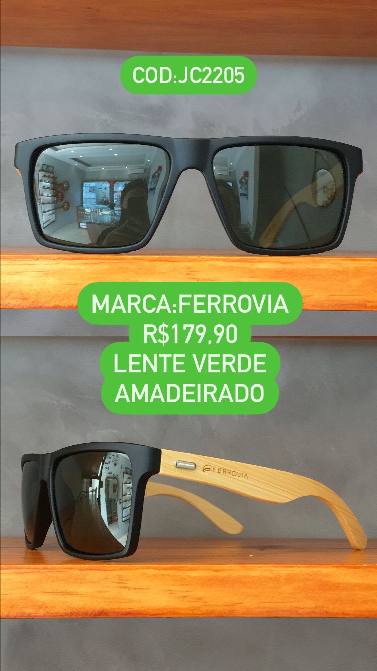 Óculos de Sol Masculino Polarizado Quadrado Amadeirado Com Lente Verde Acetato Ferrovia  - JC2205