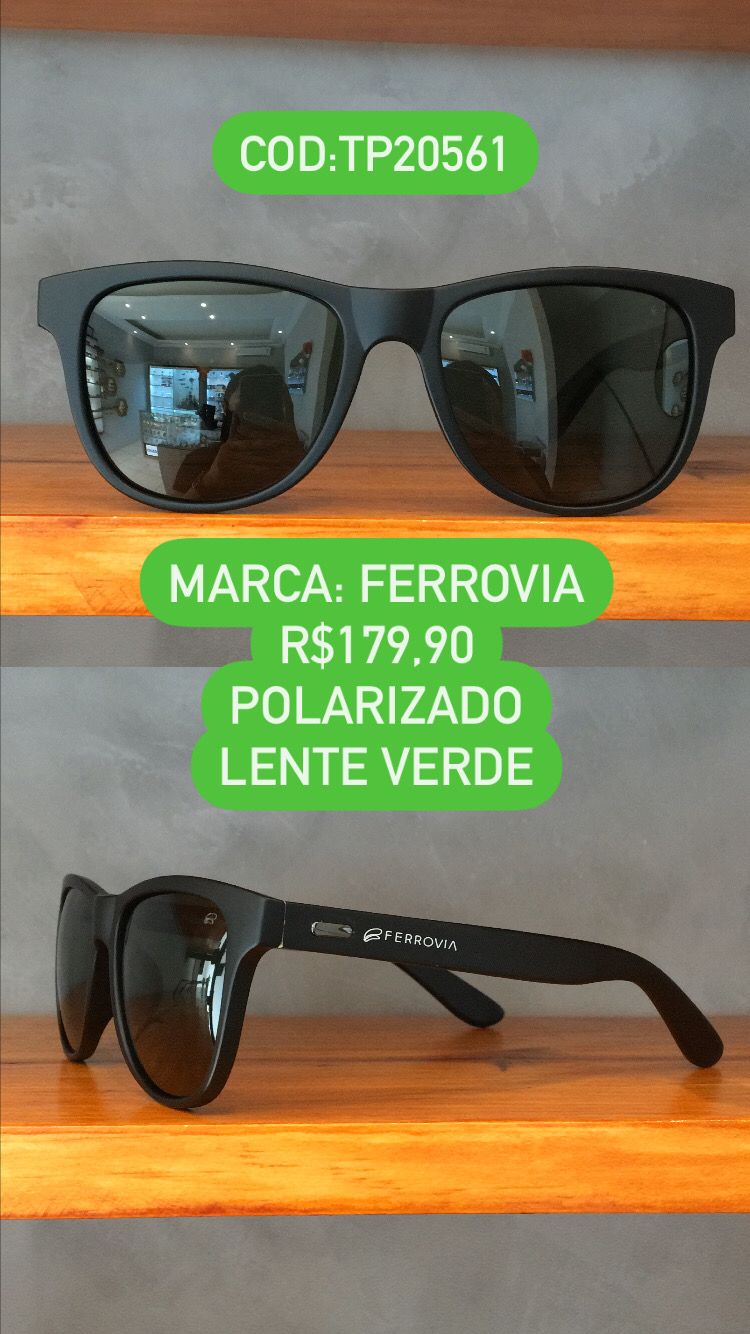 Óculos de Sol Masculino Polarizado Preto Com Lente Verde Quadrado Ferrovia - TP20561