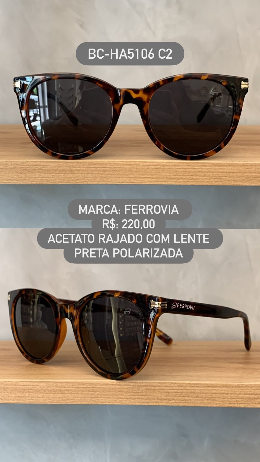 Óculos de Sol Ferrovia Feminino Rajado Esmaltado Redondo em Acetato com lente Preta Polarizada BC-HA5106 C2