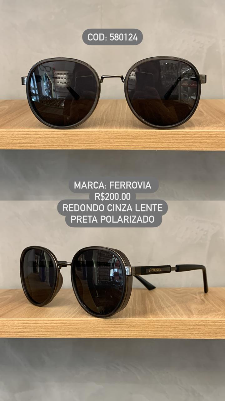 Óculos de Sol Ferrovia Redondo Cinza Lente Preta Acetato e Metal Polarizado 580124