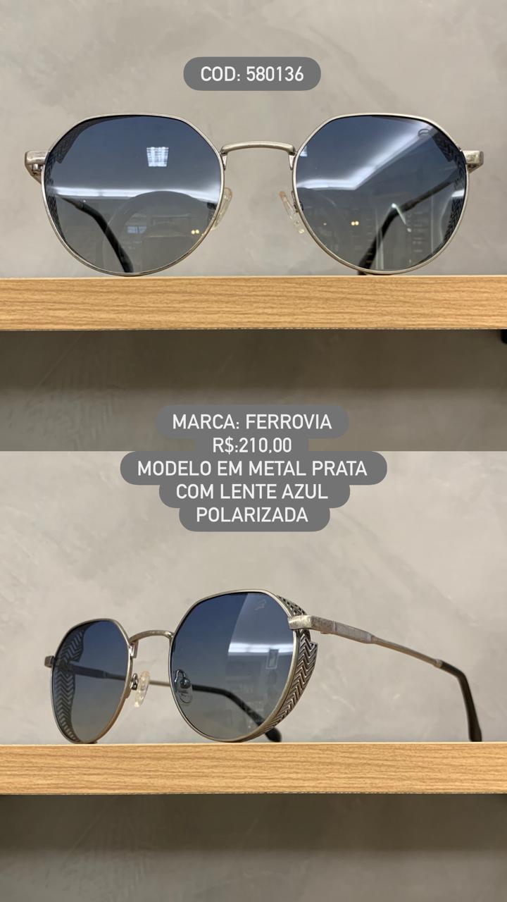 Óculos de Sol Ferrovia Redondo Prata Lente Azul Polarizado em Metal 580136