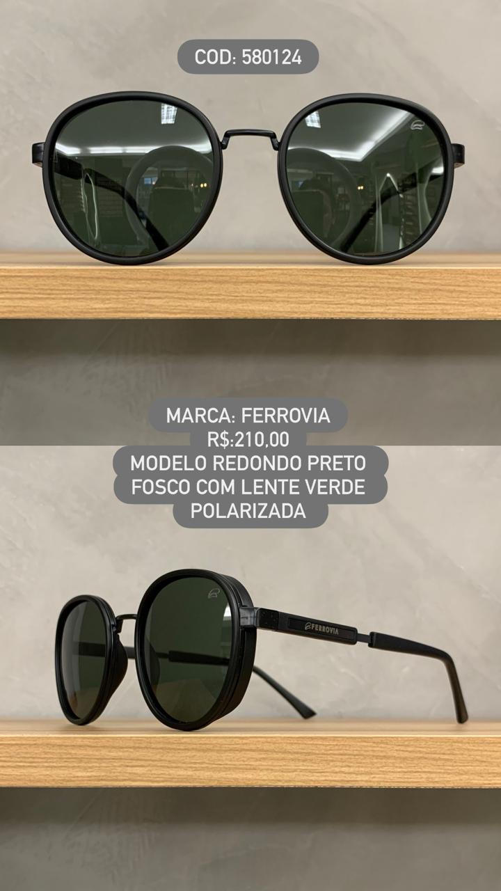 Óculos de Sol Ferrovia Redondo Preto Fosco com Lente Verde Polarizada em Acetato e Metal 580124