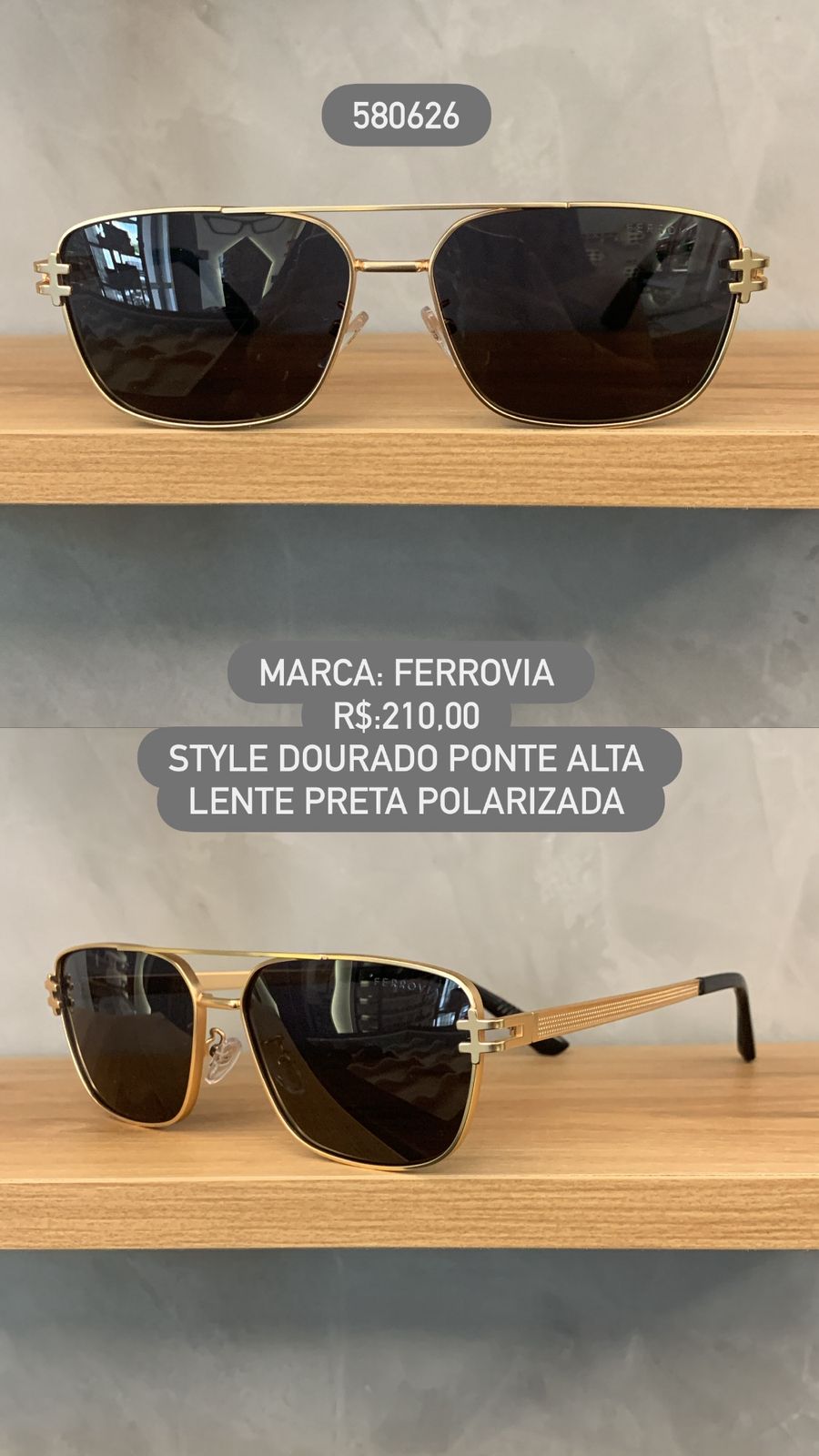 Óculos de Sol Ferrovia Style Dourado Ponte Alta Lente Preta Polarizada em Metal 580626