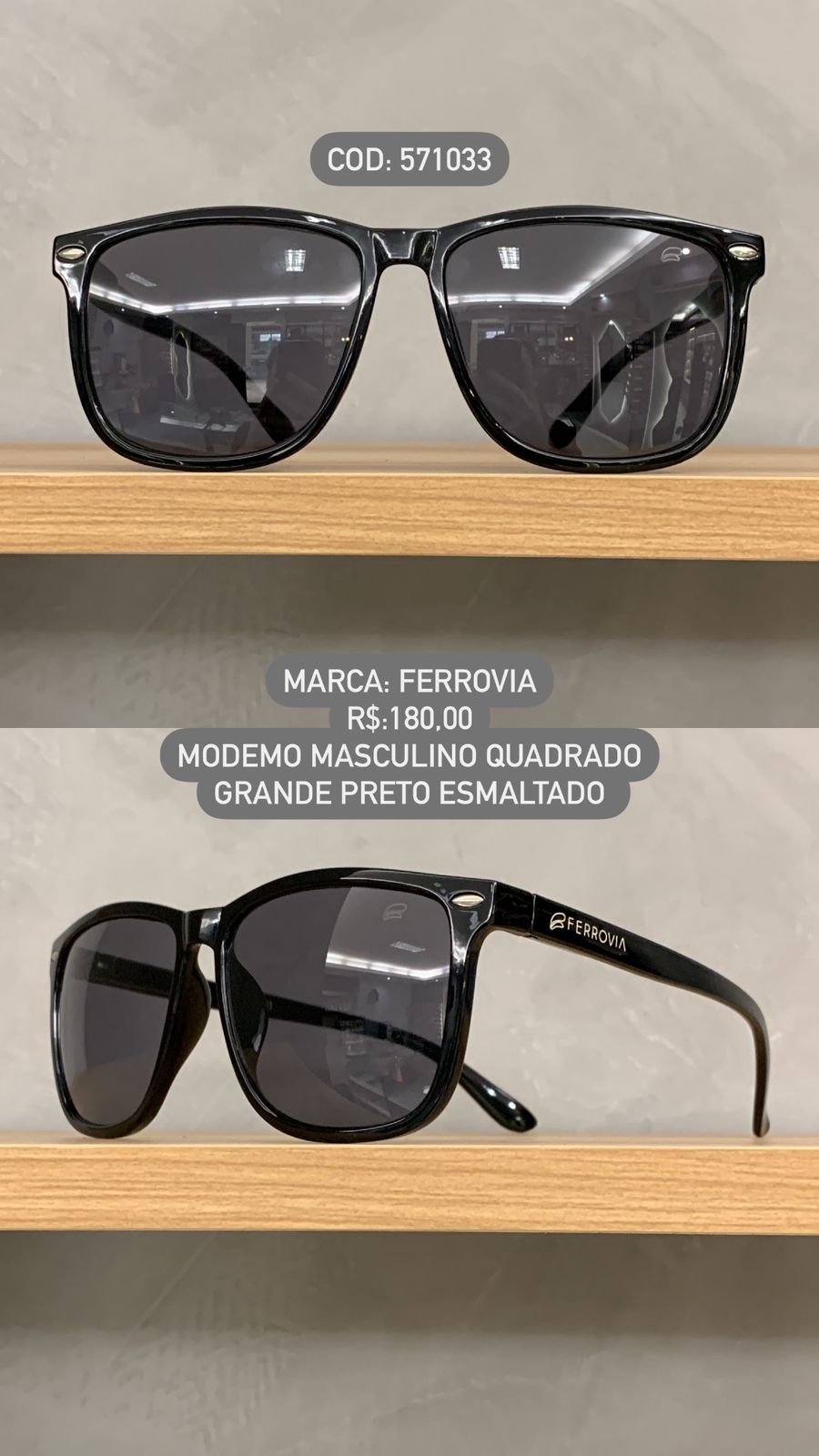 Óculos de Sol Ferrovia Masculino Preto Esmaltado Quadrado com Lente Preta Acetato 571033