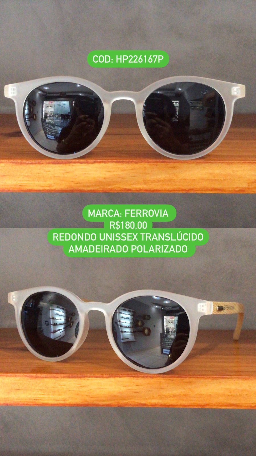 Óculos de Sol Ferrovia Cinza Amadeirado Redondo Acetato Lente Preta HP226167P 