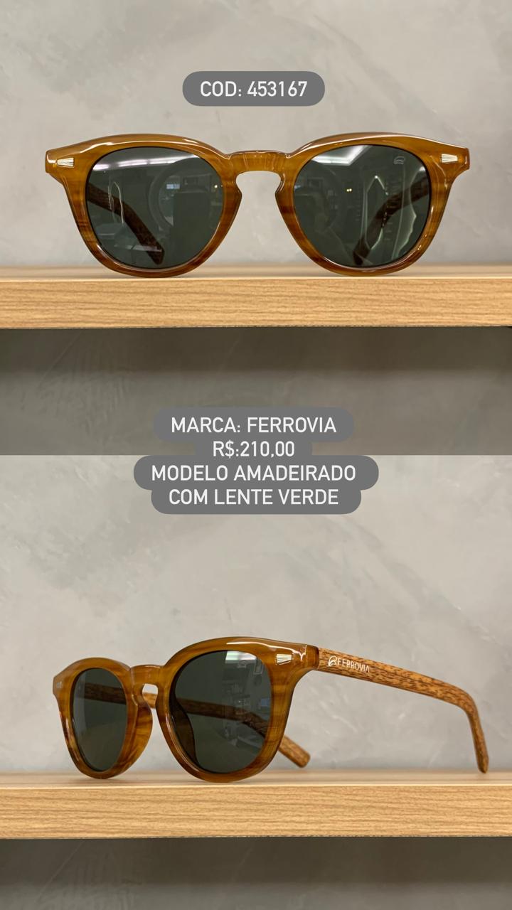 Óculos de Sol Ferrovia Unissex Amadeirado Esmaltado Redondo em Acetato com lente Verde 453167