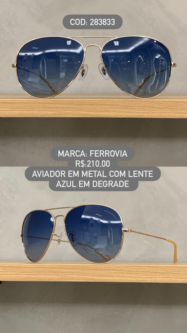 Óculos De Sol Ferrovia Unissex Aviador Retro Dourado com Lente Azul Polarizada degrade Metal 283833