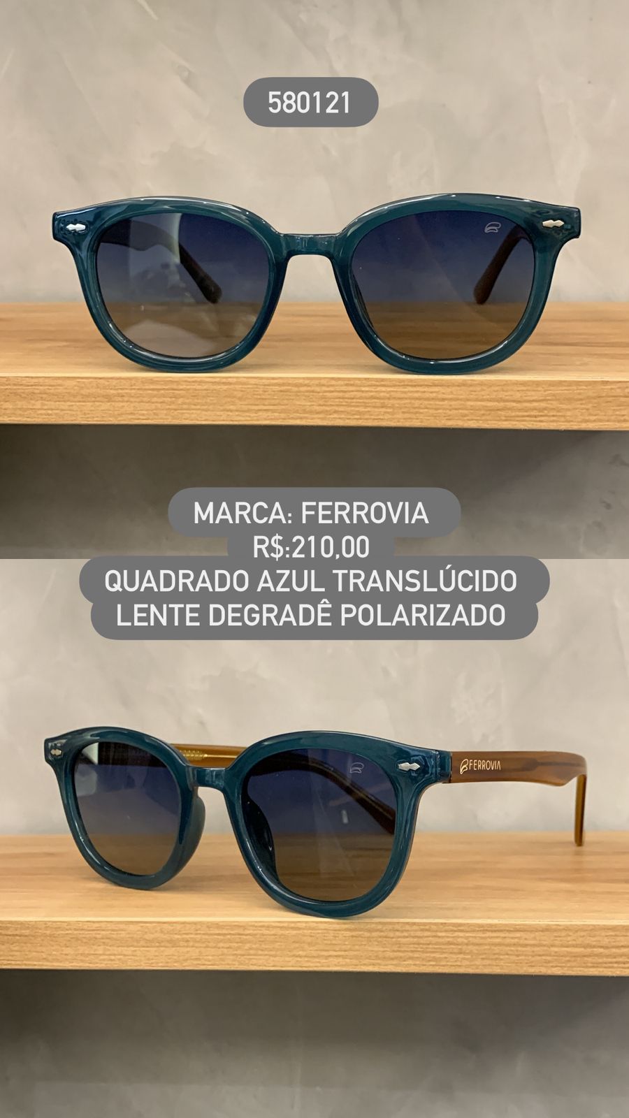 Óculos de Sol Ferrovia Unissex Azul Esmaltado Quadrado em Acetato com Lente Degradê Polarizado 580121