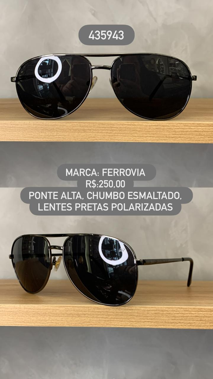 Óculos de Sol Ferrovia Unissex Chumbo Aviador com Ponte Alta Lente Preta Polarizada Metal 435943