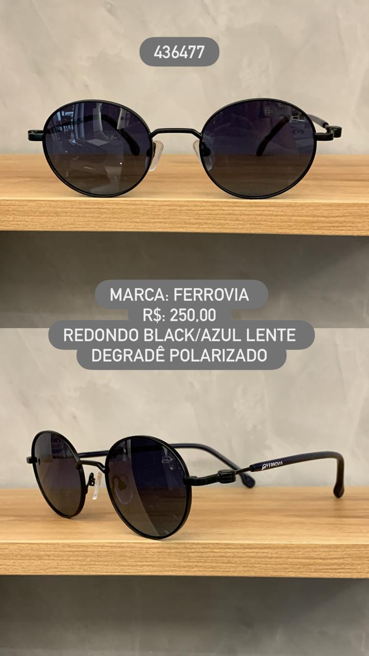 Óculos de Sol Ferrovia Unissex Preto e Azul Redondo com Lente Degradê polarizado em Metal 436477