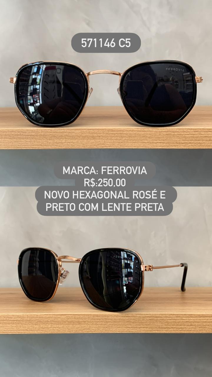 Óculos de Sol Ferrovia Unissex Preto e Rosé Novo Hexagonal com Lente Preta Metal 571146 C5