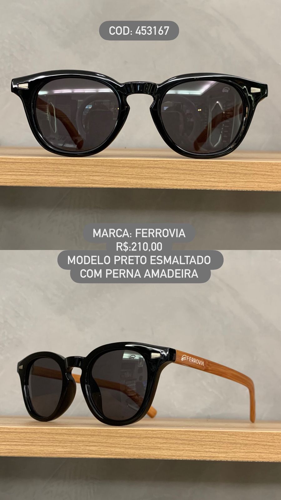 Óculos de Sol Ferrovia Unissex Preto Esmaltado Amadeirado Quadrado em Acetato com lente Preta 453167