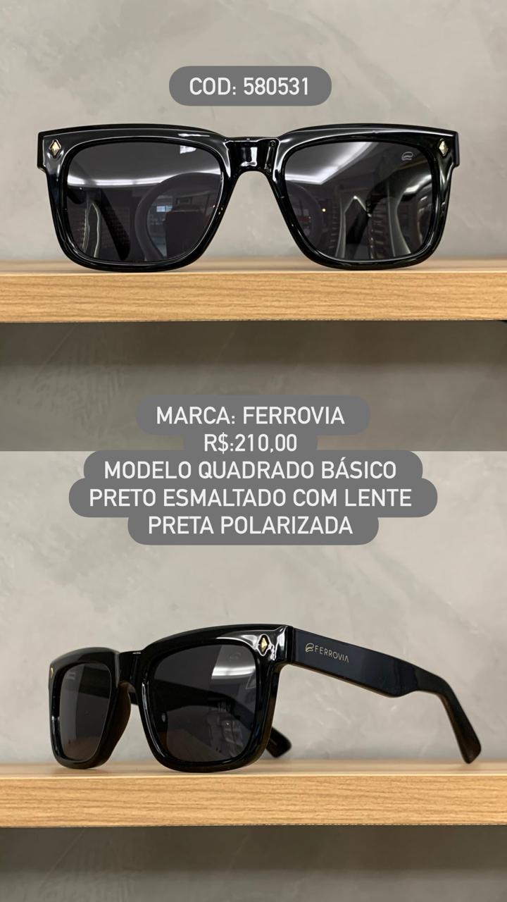 Óculos de Sol Ferrovia Unissex Preto Esmaltado Básico Quadrado com Lente Preta Polarizado em Acetato 580531