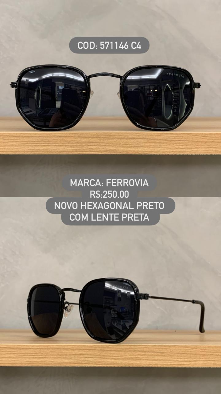 Óculos de Sol Ferrovia Unissex Preto Esmaltado Novo Hexagonal com Lente Preta Metal 571146 C4