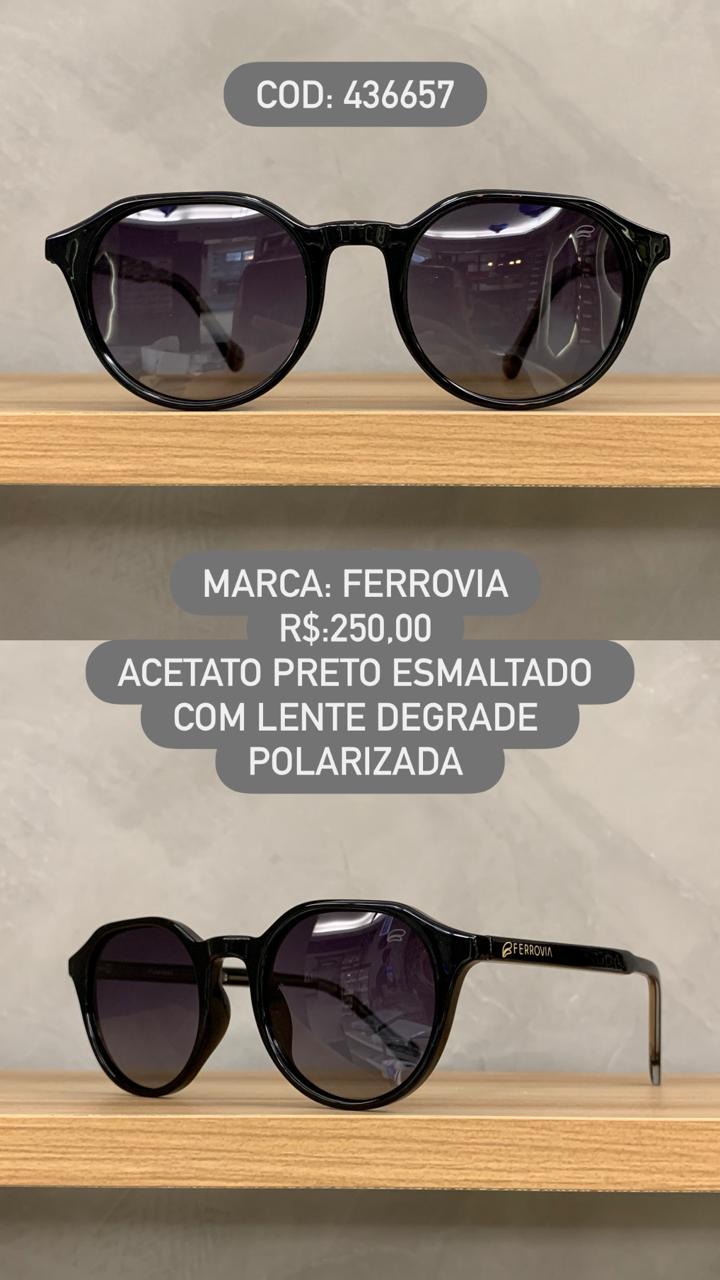 Óculos de Sol Ferrovia Unissex Preto Esmaltado Redondo em Acetato com lente Degrade Polarizada 436657 6205