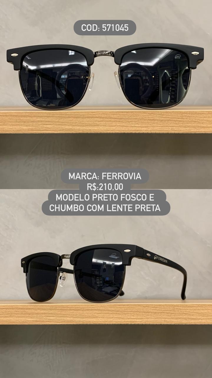 Óculos de Sol Ferrovia Unissex Preto Fosco e Chumbo Redondo Metal e Acetato Lente Preta 571045