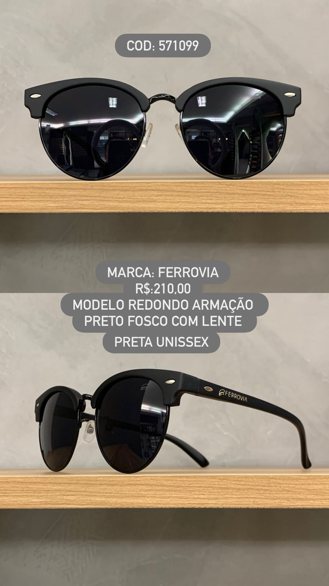 Óculos de Sol Ferrovia Unissex Preto Fosco Redondo Lente Preta Acetato e Metal 571099