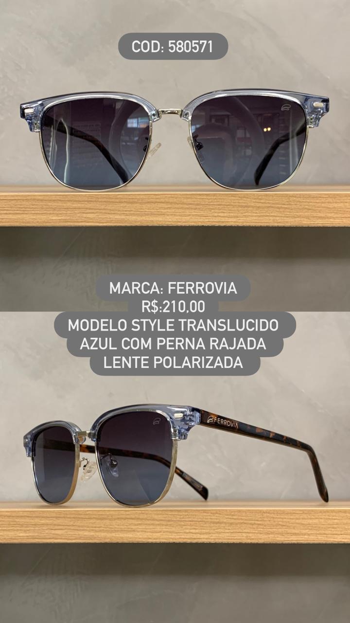 Óculos de Sol Ferrovia Unissex Translucido Azul com Perna Rajada Metal e Acetato Lente Degrade Polarizada 580571