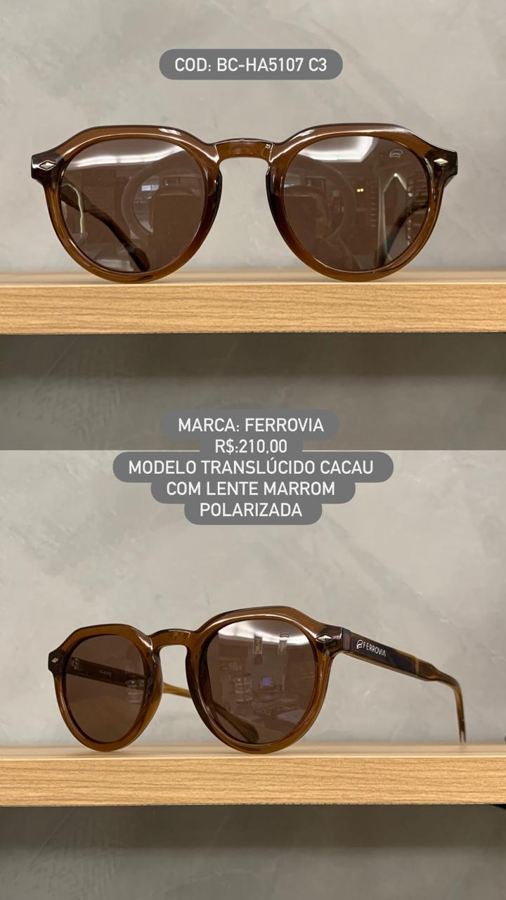 Óculos de Sol Ferrovia Unissex Translucido Cacau Esmaltado Redondo em Acetato com lente Marrom Polarizada BC-HA5107 C3