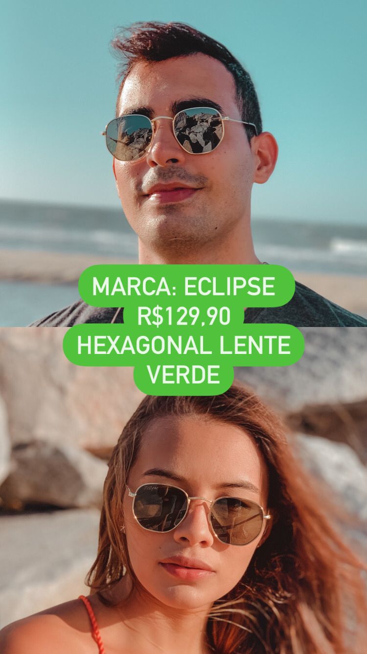 Óculos de Sol Hexagona Retrô Dourado Com Lente Verde Metal Eclipse