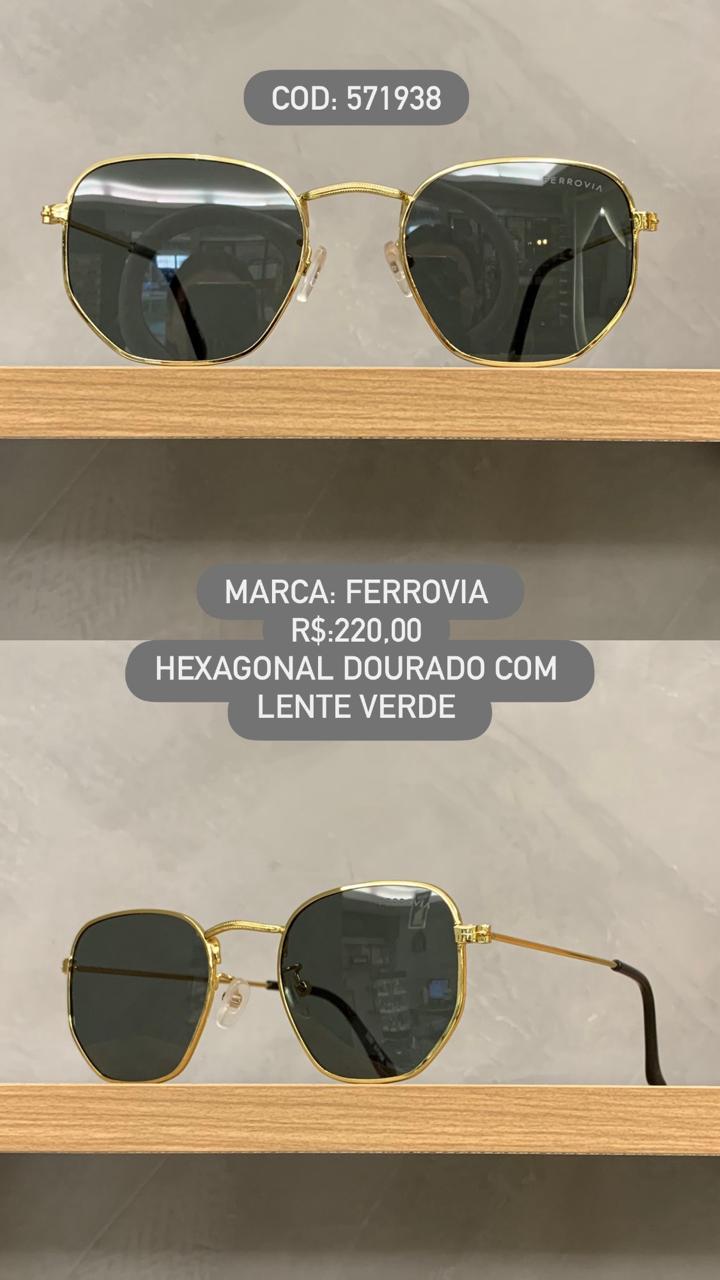 Óculos de Sol  Hexagonal Dourado Grande Clássico com Lente Verde Metal Ferrovia 4212 571938