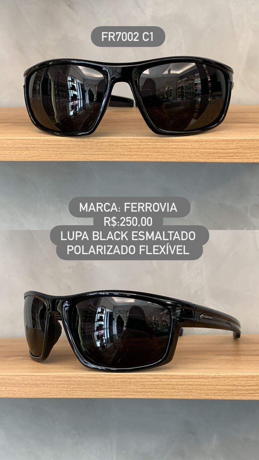 Óculos de Sol Ferrovia Masculino Preto Esmaltado Lupa Esportivo Flexível Acetato Polarizado FR7002 C1