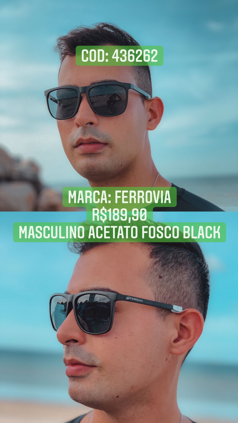 Óculos de Sol Masculino Acetato Preto Fosco Ferrovia 436262