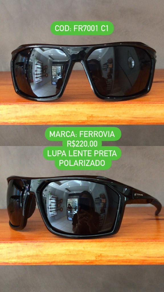 Óculos de Sol Ferrovia Masculino Preto Esmaltado Lupa Esportivo Acetato Flexível Polarizado FR7001 C1