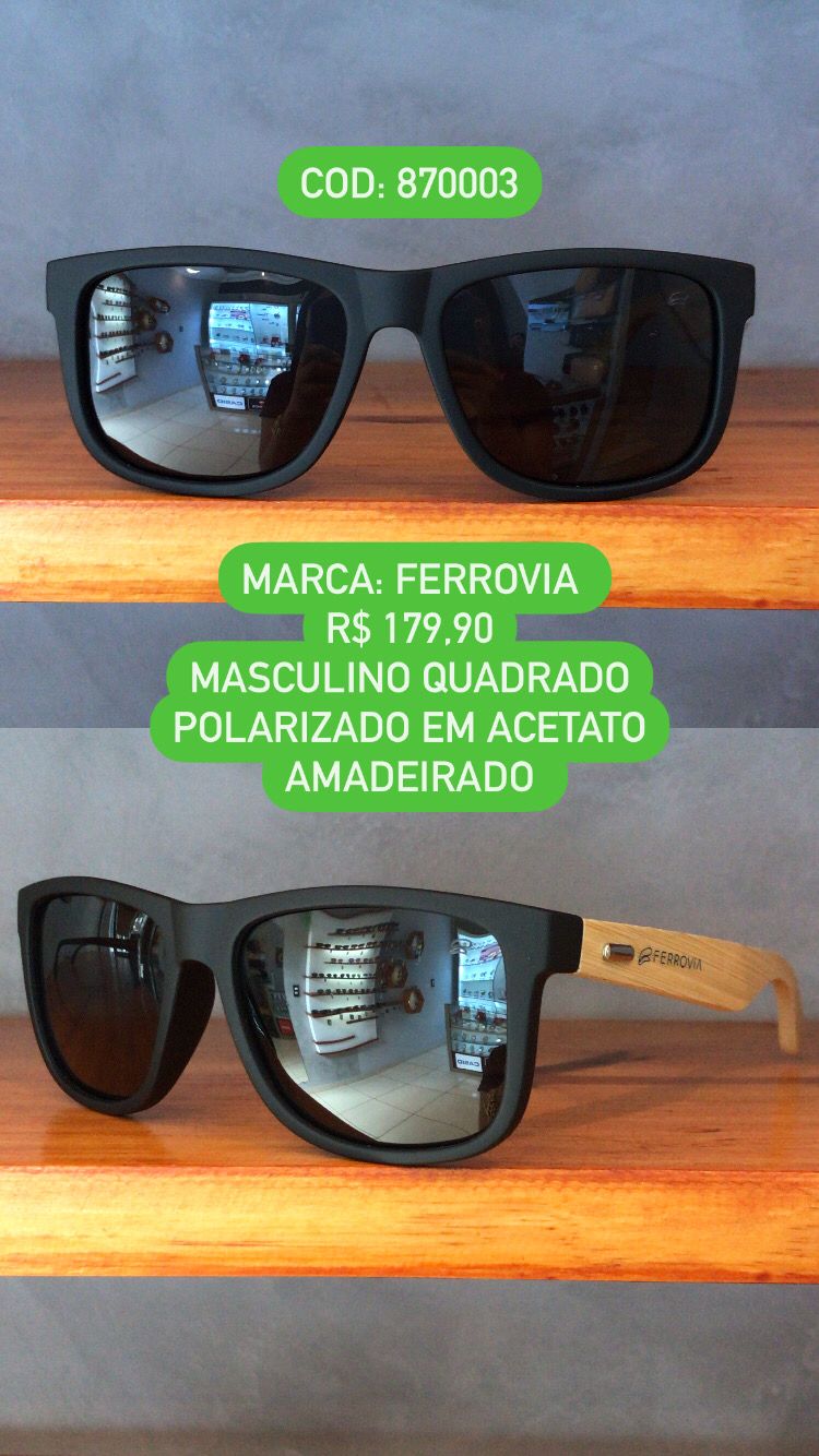 Óculos de Sol Masculino Polarizado Quadrado Amadeirado Com Lente Preta Acetato Ferrovia 870003