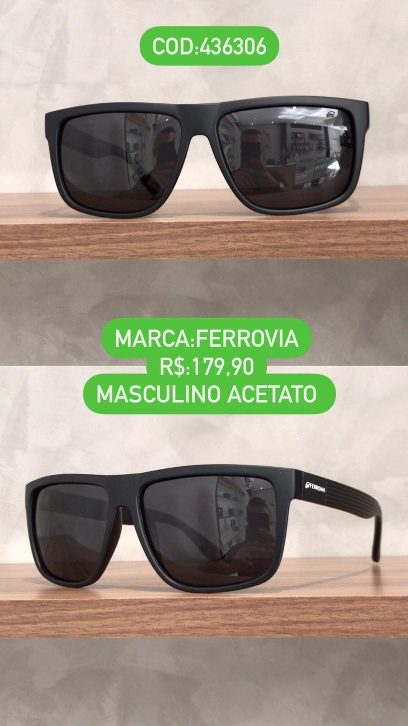 Óculos de Sol Masculino Quadrado Lente Verde Polarizado Preto em Acetato Ferrovia 436306