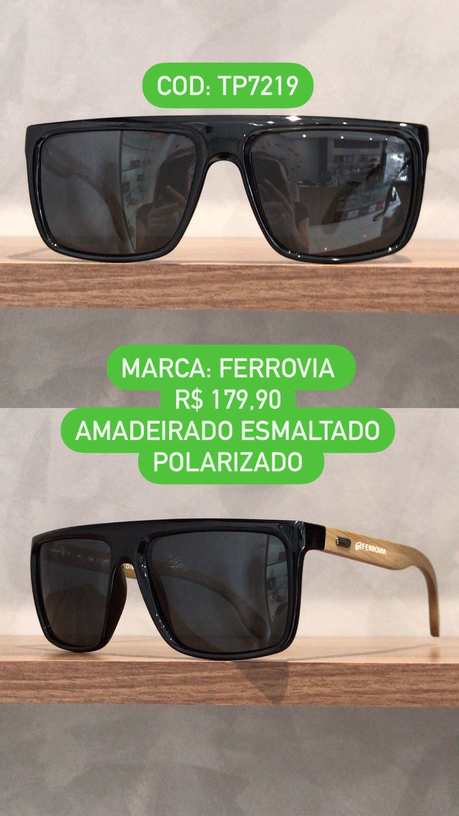 Óculos de Sol Masculino Quadrado Amadeirado Polarizado Preto Esmaltado Ferrovia TP7219