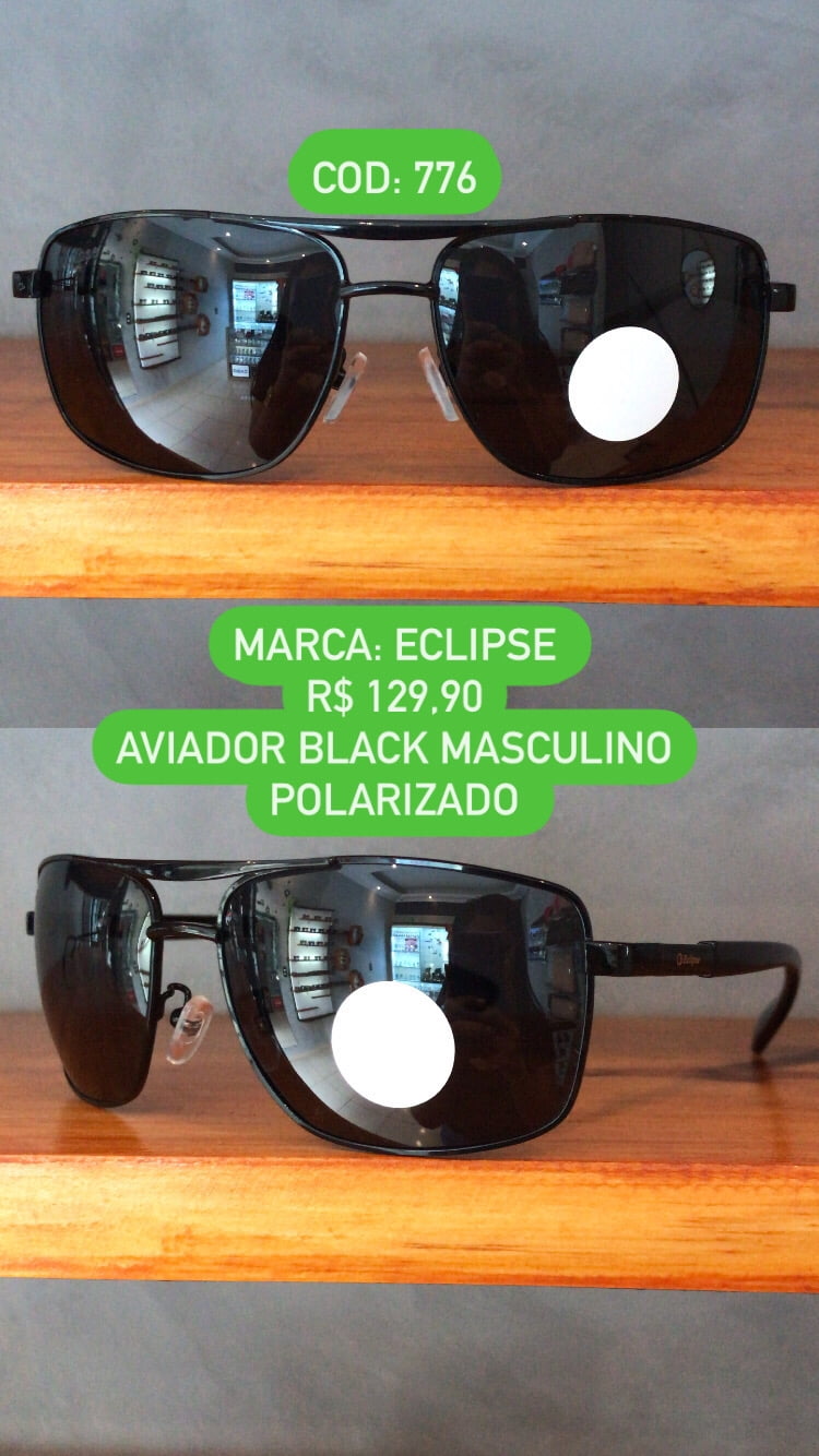 Óculos de Sol Masculino Polarizado Quadrado Aviador Preto Metal com Lente Preta Eclipse 776