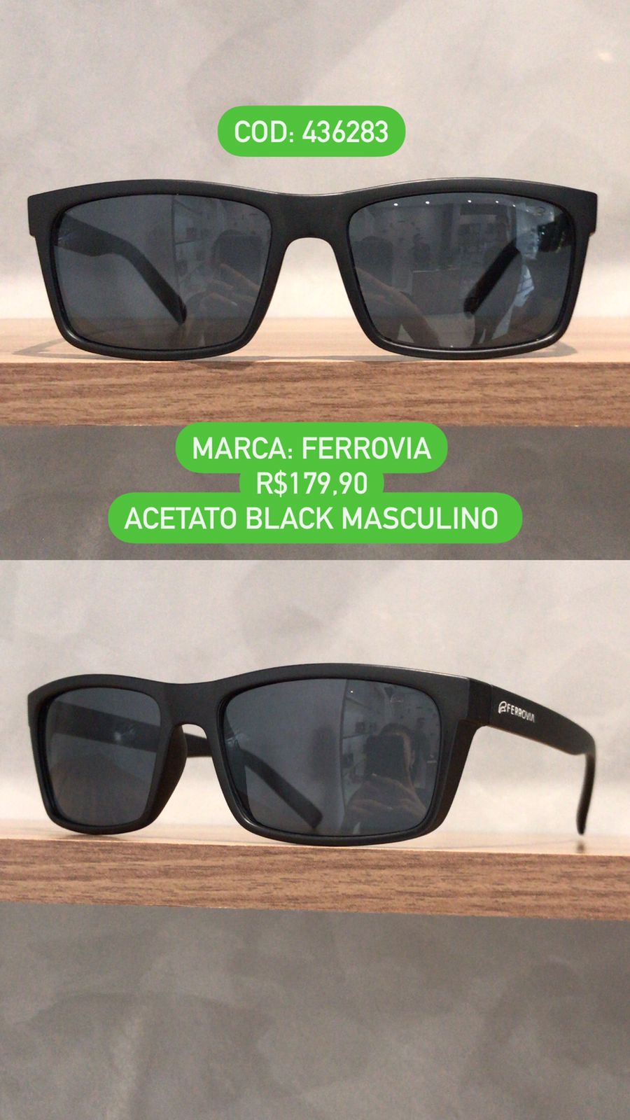 Óculos de Sol Masculino Quadrado em Acetato Preto Ferrovia 436283