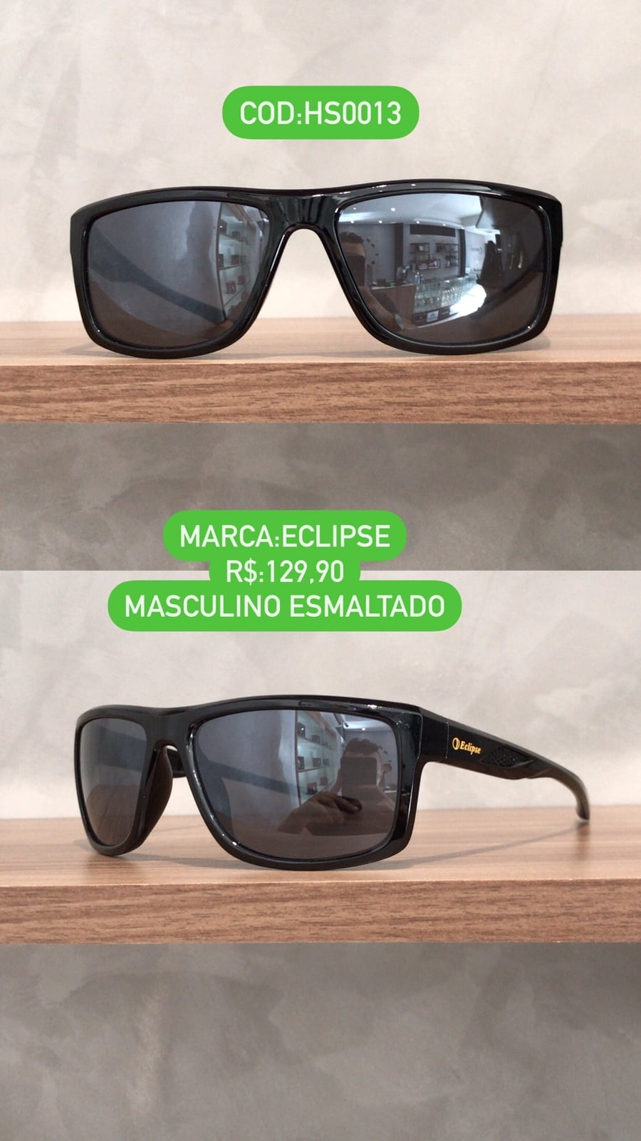 Óculos de Sol Eclipse Masculino Quadrado Preto em Acetato Esmaltado HS0013