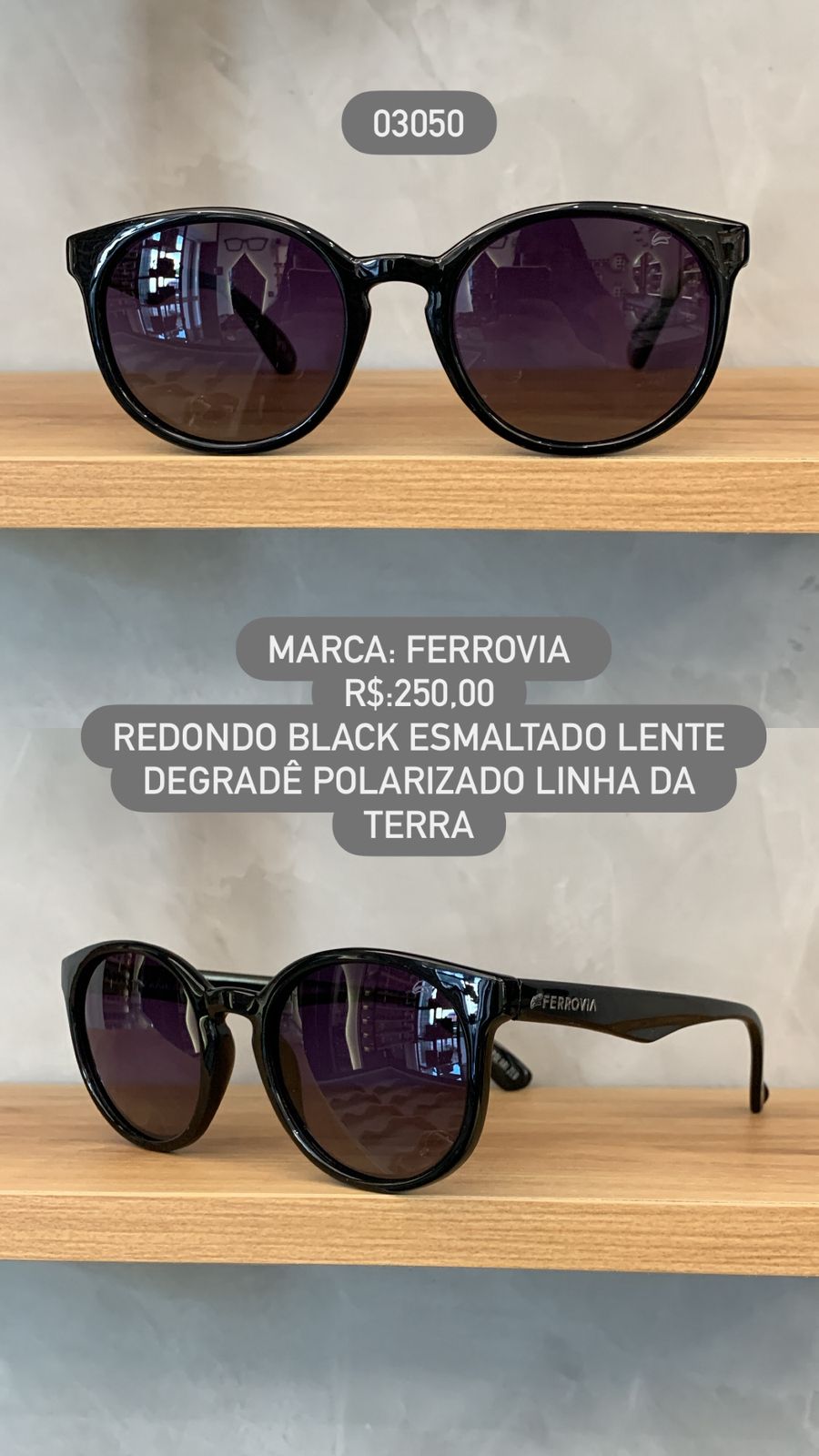 Óculos De Sol Ferrovia Preto Esmaltado Redondo Lente Degrade Linha Da Terra em Acetato 03050