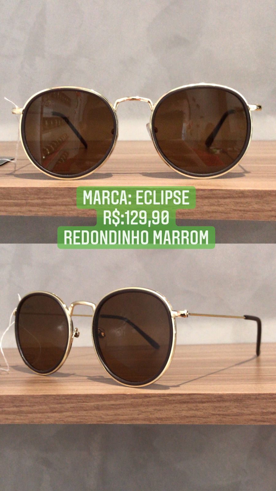 Óculos de Sol Redondo Dourado Metal Lente Marrom Eclipse