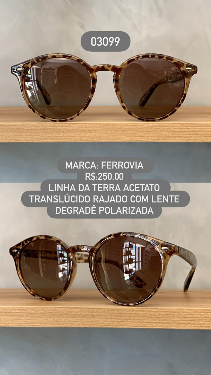 Óculos de Sol Ferrovia Feminino Rajado Lente Degrade Polarizado Linha Terra Feito a Mão Redondo Acetato 03099