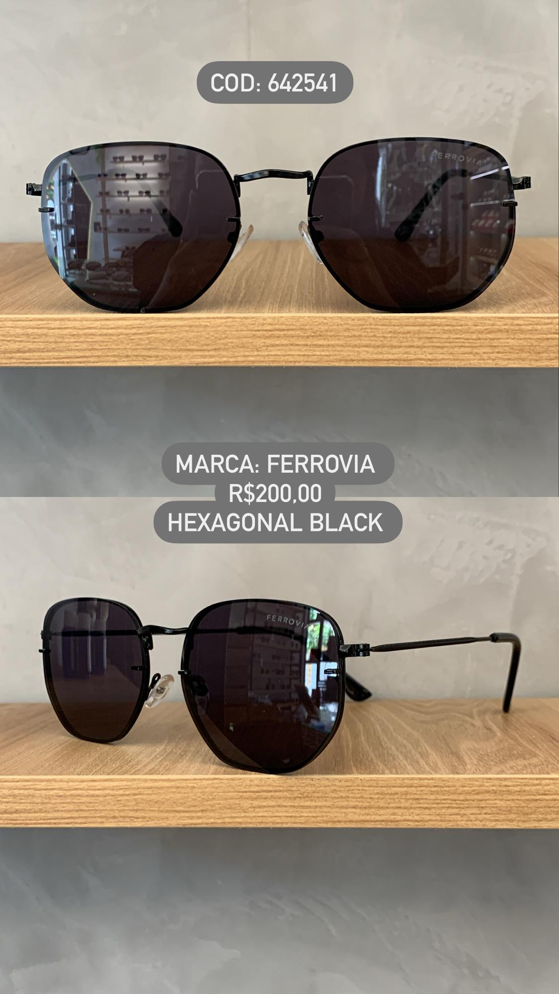 Óculos de Sol  Preto Hexagonal Ferrovia Lente Preta Metal 642541