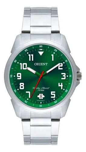 Relógio Orient Masculino Prateado Visor Verde com Calendário e Taquímetro Maquinário Japonês Aço Inoxidável Á Prova d'água MBSS1154A