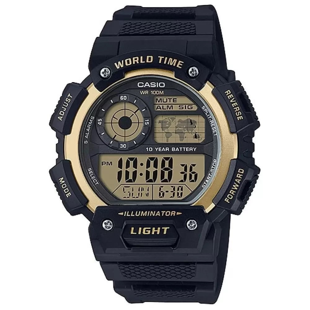 Relógio Casio World Time Masculino Preto com Dourado Esportivo Digital em Poliuretano Á Prova d'água AE-1400WH-9AVDF 3458