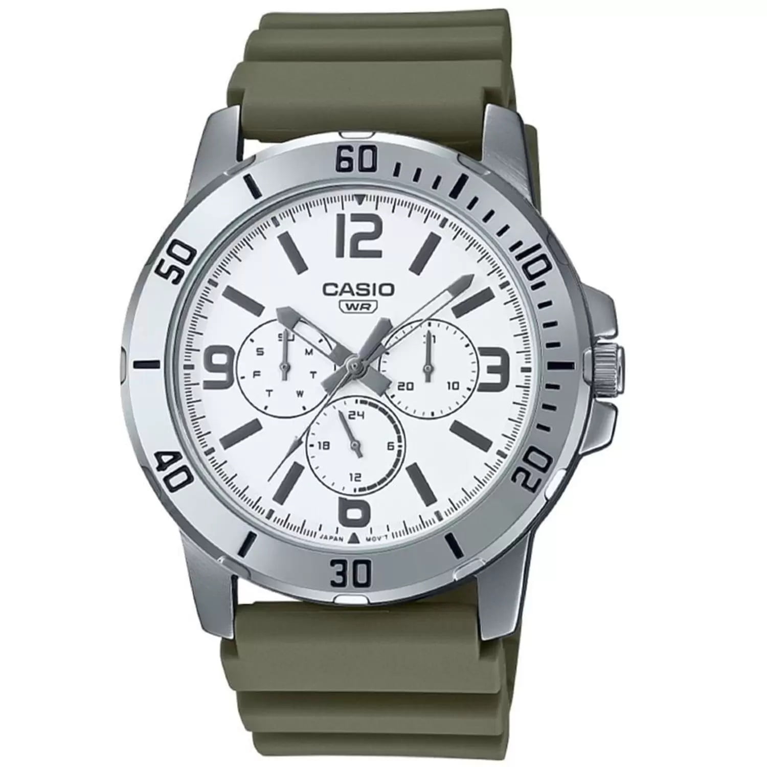 Relógio Casio Masculino Prateado com Visor Branco Pulseira em Silicone Verde Militar Calendário Duplo e Relógio 24hrs Á Prova d’água MTP-VD300-3BUDF