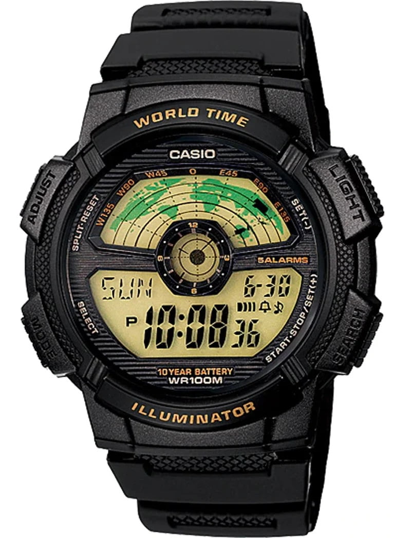 Relógio Casio Masculino Preto Digital World Time Exibição do Mapa Mundial Á Prova d'água AE-1100W-1BVDF