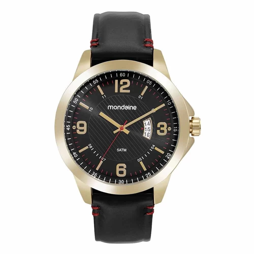 Relógio Mondaine Masculino Dourado com Pulseira em Couro Visor Texturizado e Calendário Á Prova d'água 99643GPMVDH3