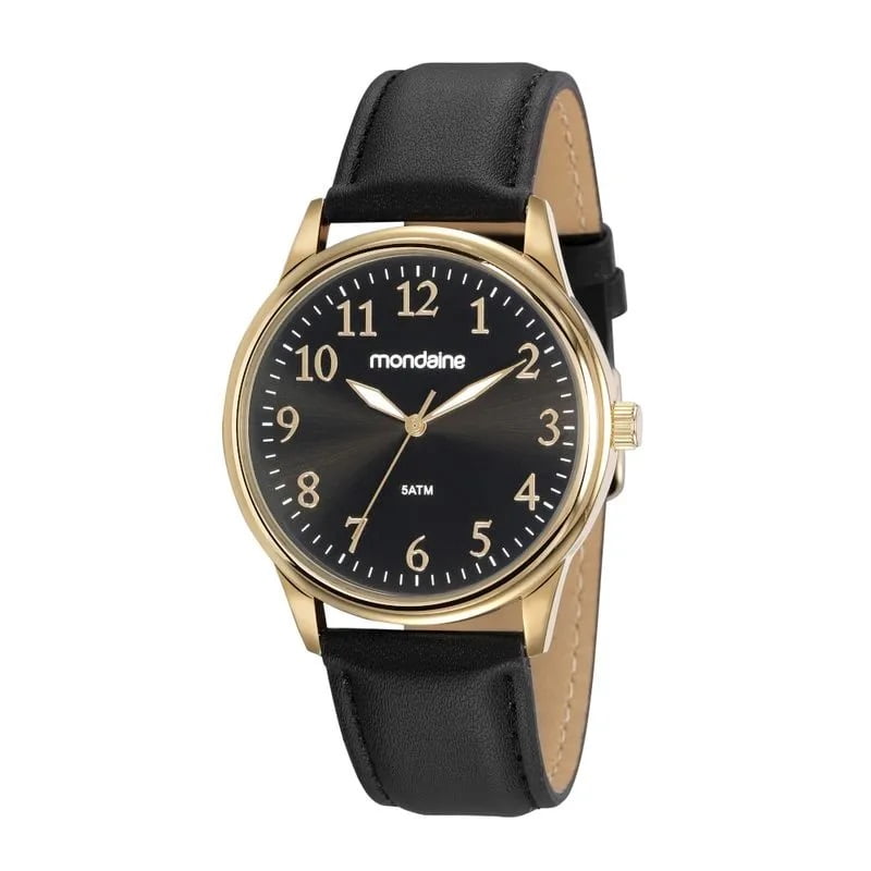 Relógio Mondaine Masculino Dourado Todo Numerado Visor Preto com Pulseira em Couro Preta Á Prova D'água 99546GPMVDH2