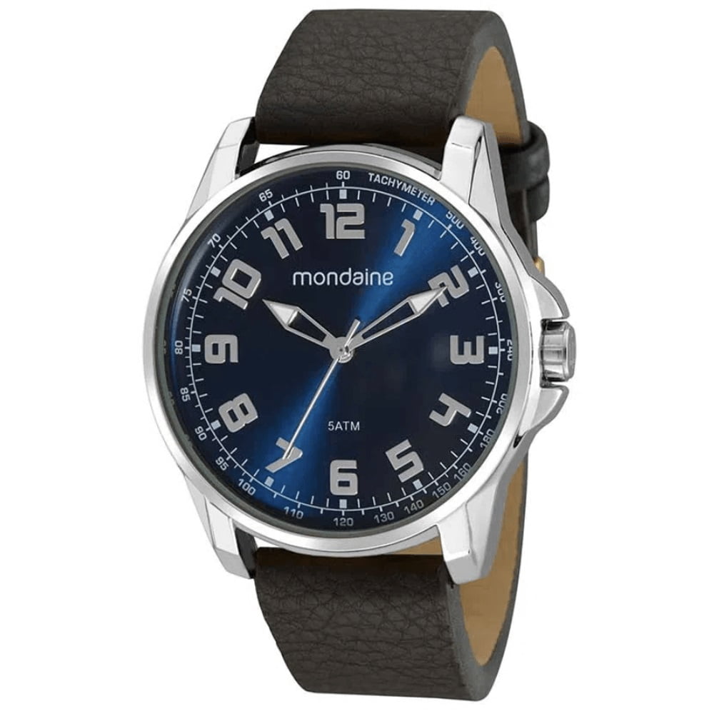 Relógio Mondaine Masculino Prateado Numerado Visor azul Couro á prova D´água 32241G0MVNH2