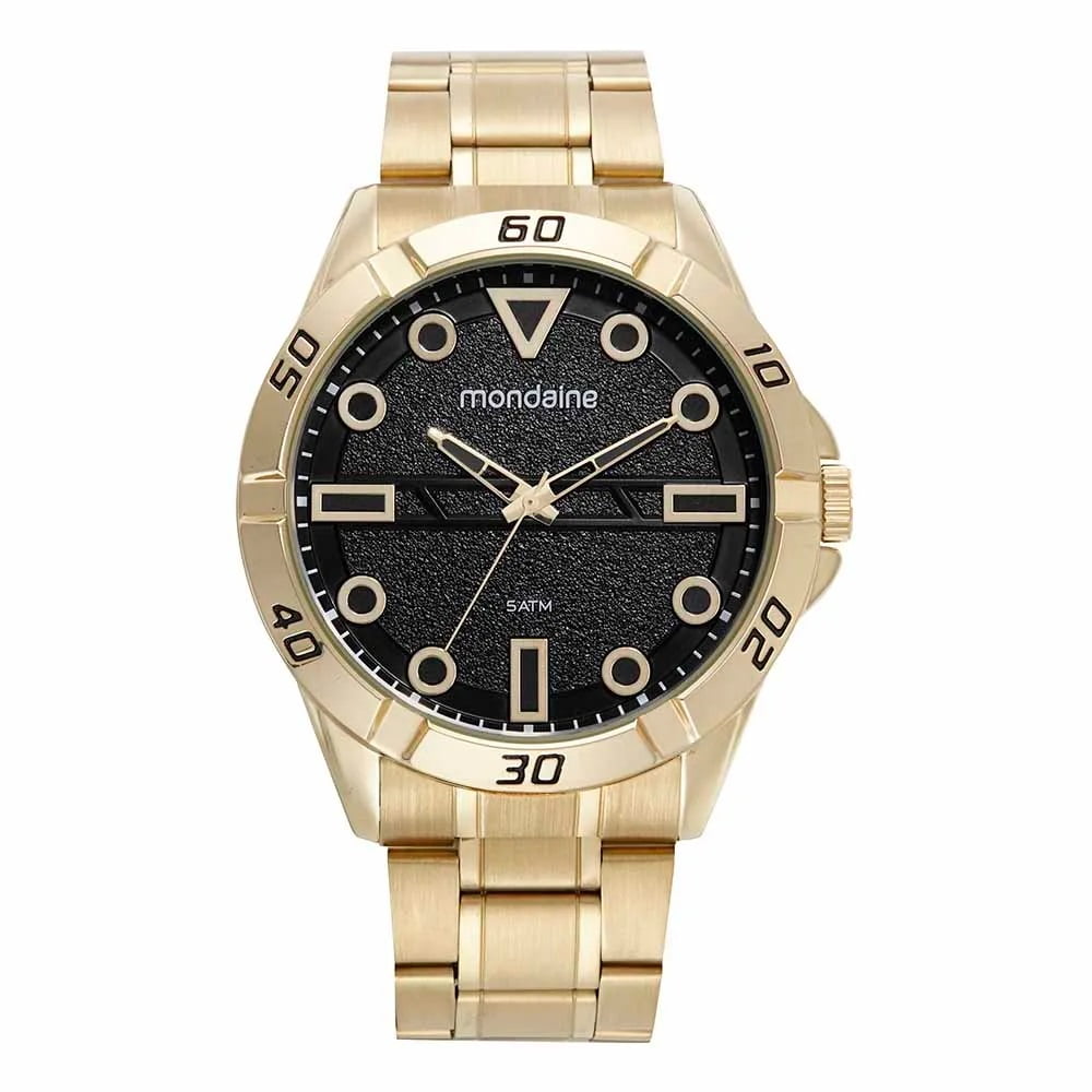 Relógio Mondaine Masculino Dourado Visor Preto Texturizado 3D com Taquímetro  Á Prova D'água 32558GPMVDE1