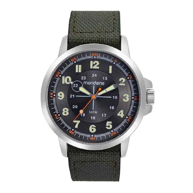 Relógio Mondaine Masculino Prateado Todo Numerado Visor Preto com Taquímetro Pulseira em Nylon Verde Militar Á Prova d'água 99658G0MVNJ1