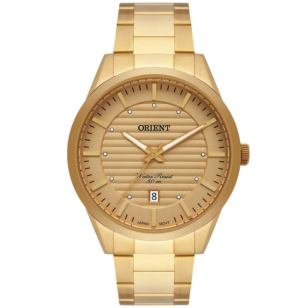 Relógio Orient Masculino Dourado  com Calendário Visor Champanhe Aço Inoxidável á Prova D'água MGSS1237