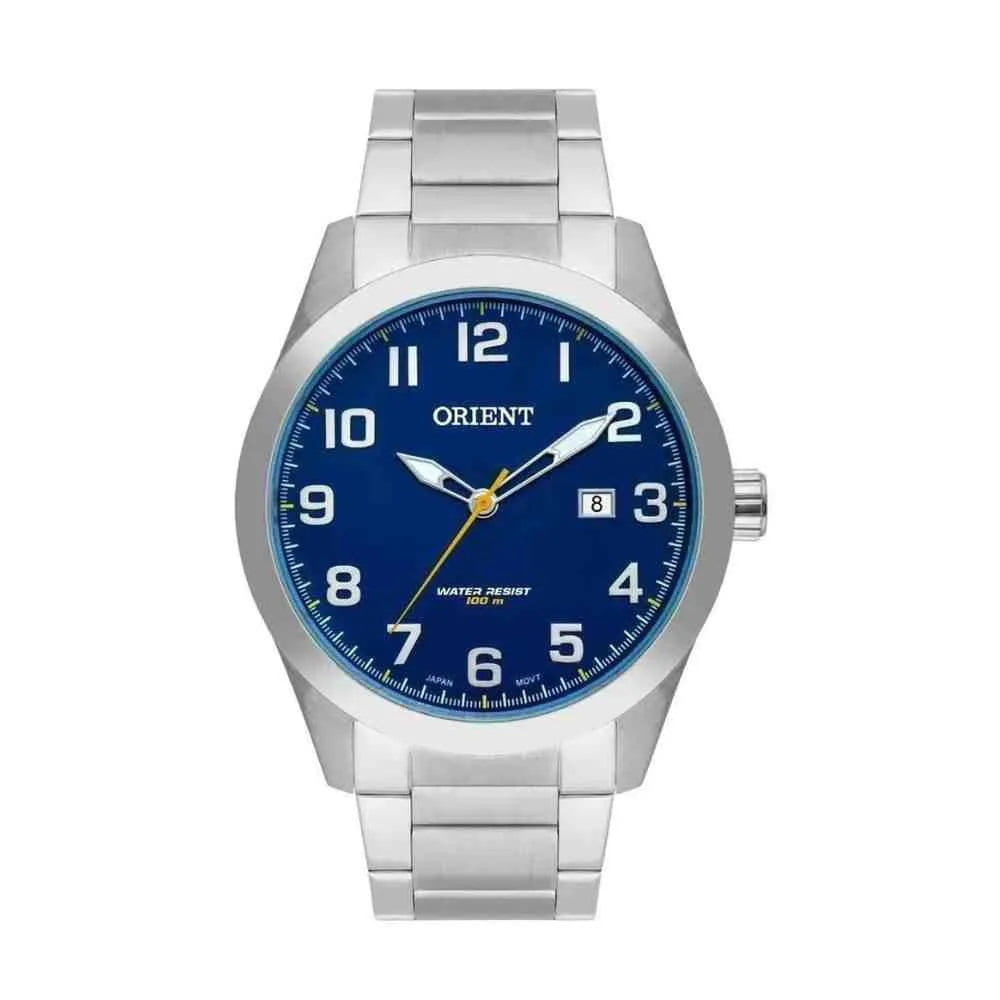 Relógio Orient Masculino Prateado Visor Azul com Caléndario Aço Inox á prova d'água MBSS1360
