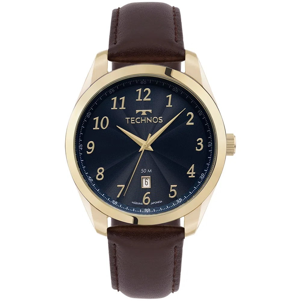 Relógio Technos Steel Masculino Dourado com Calendário e Visor Azul Pulseira em Couro Maquinário Japonês Aço inoxidável Á Prova d'água 2315LAO/0A